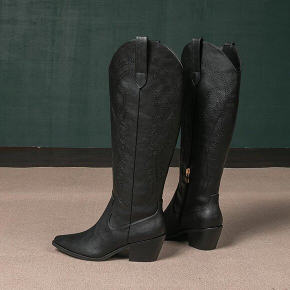 Women's Black Cowboy Boots Pointed Toe Cowgirl Knee High Boot With Zipper - Picture 7 of 7